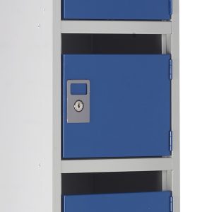 post box locker pigeon holes with blue doors close up