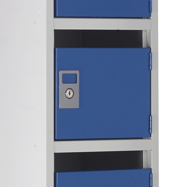 post box locker pigeon holes with blue doors close up