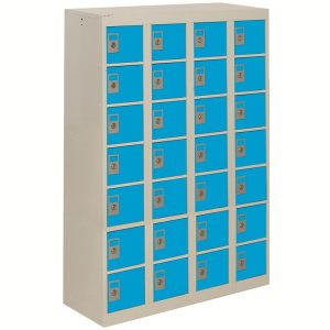 personal effects locker with 28 compartments with grey carcass and light blue doors