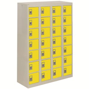 personal effects locker with 28 compartments. With grey carcass and yellow doors