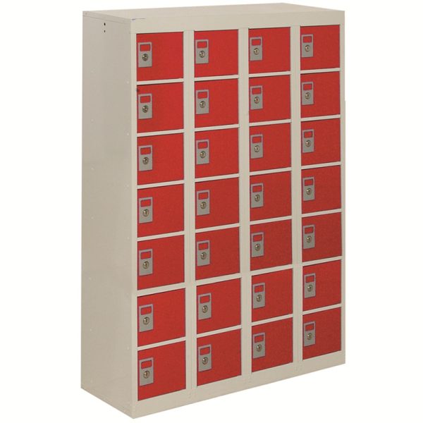 personal effects locker with 28 compartments. With grey carcass and red doors