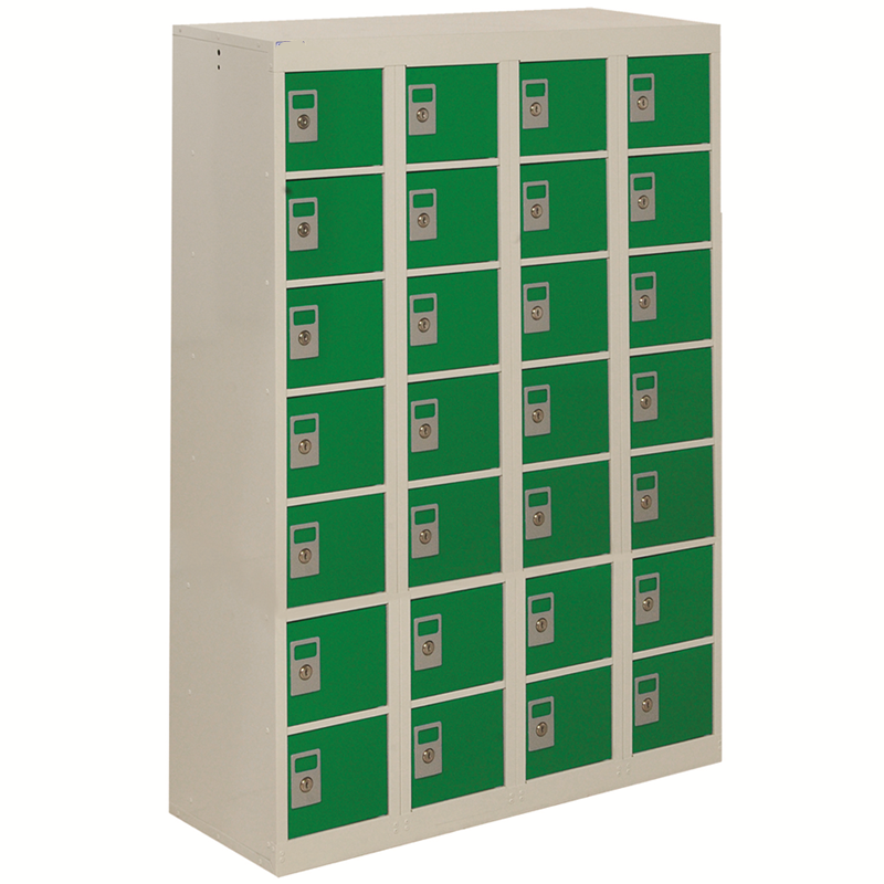 Personal effects locker pigeon hole with 28 compartments and green doors