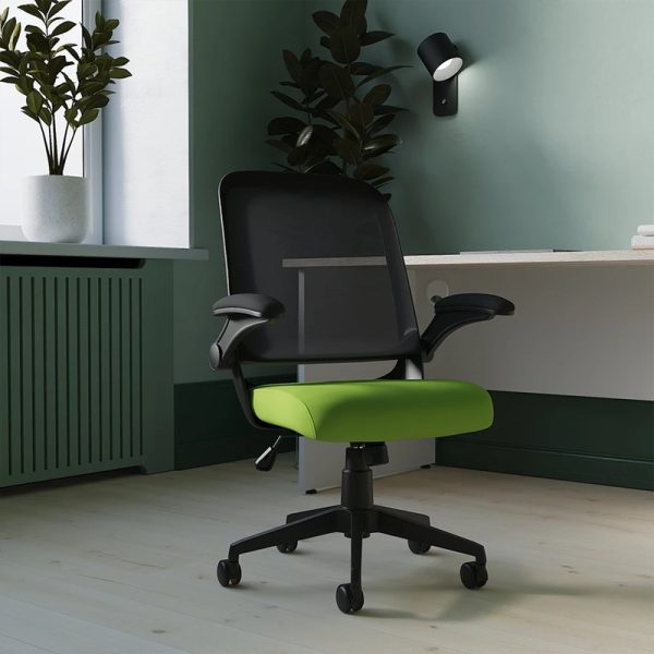 task operator mesh back chair with green fabric seat