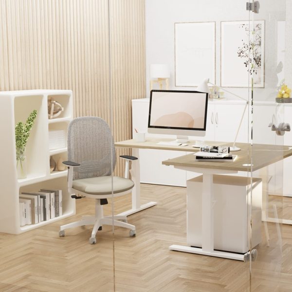 operator mesh back chair in office with white office furniture