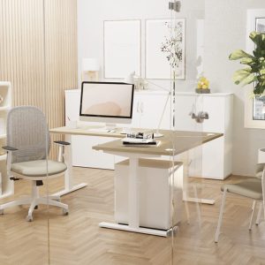 mesh back operators chair in office with white office furniture