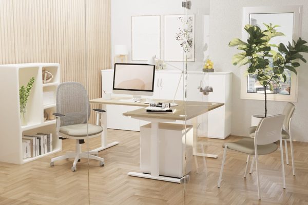 mesh back operators chair in office with white office furniture