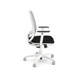 mesh back operators chair with white frame and black fabric seat