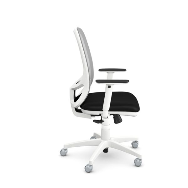 mesh back operators chair with white frame and black fabric seat