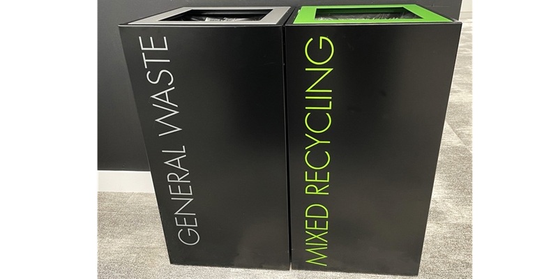 Mixed recycling bins office recycling bins with green top and lettering with General waste bin