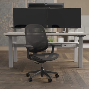 mesh back office chair in office in front of an office desk