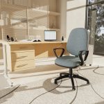 office chair budget in grey fabric with arms in office in front of office desk