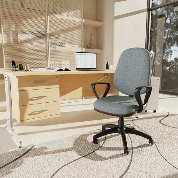 office chair budget in grey fabric with arms in office in front of office desk