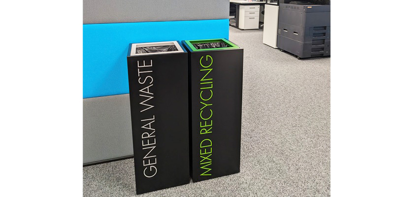 office recycling bins for general waste and mixed recycling in an office
