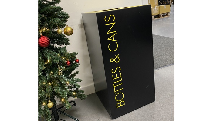 office recycling bins with bottles and cans lettering in yellow