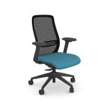 mesh back office chair with light blue fabric seat