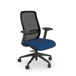 mesh back office chair with dark blue fabric seat