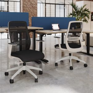mesh back office chair with white base and black fabric seat