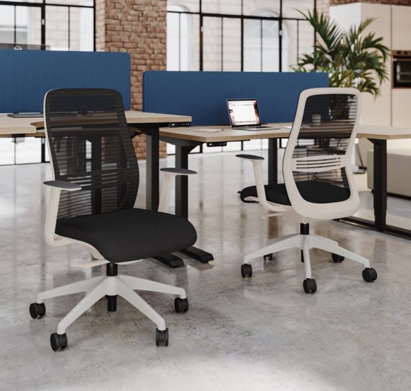 mesh back office chair with white base and black fabric seat