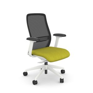 mesh back office chair with white base and green fabric seat