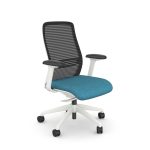 mesh back office chair with white base and light blue fabric seat