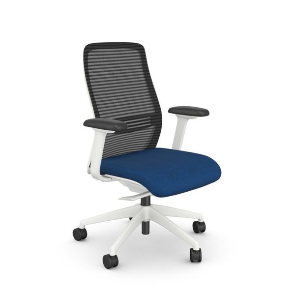 mesh back office chair with white frame and dark blue fabric seat