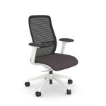 mesh office chair with white frame and grey fabric seat