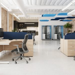 mesh back office chair with grey frame in an office