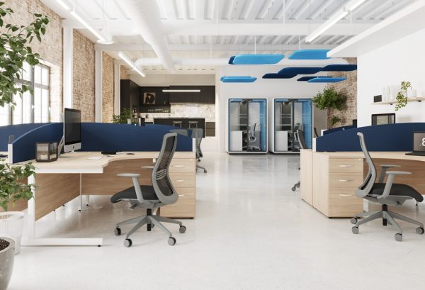 mesh back office chair with grey frame in an office