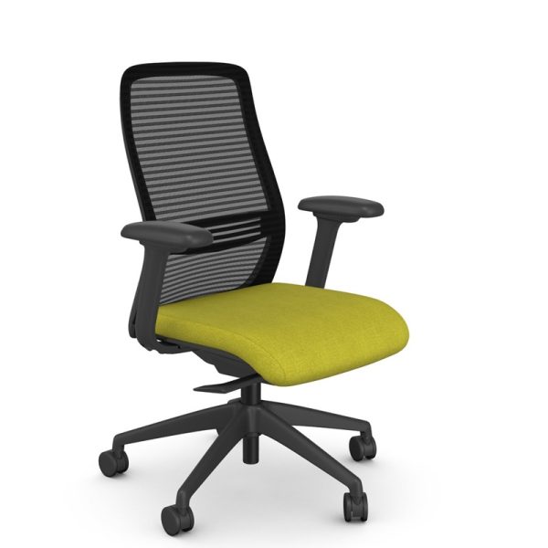 mesh back office chair with green fabric seat