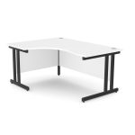 crescent shape office desk with white desk top and black frame