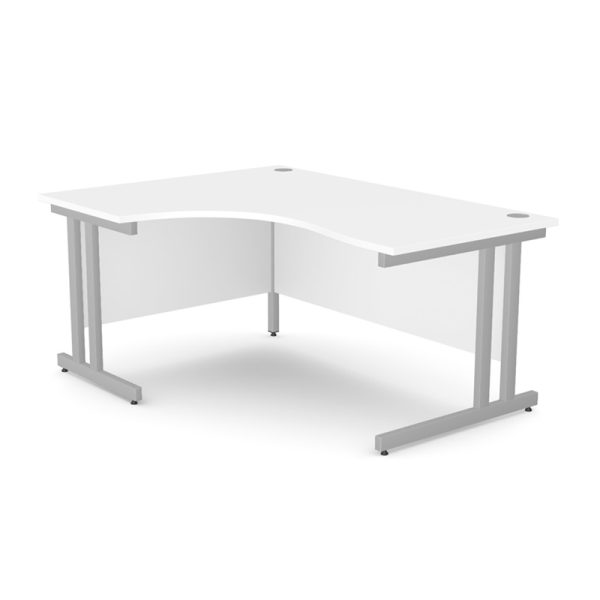 office crescent desk with white desk top and silver cantilever leg frame