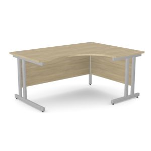 crescent desk with oak desk top and silver cantilever leg frame