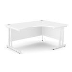 office crescent desk with white desk top and white cantilever frame