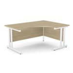 crescent office desk with oak desk top and white cantilever frame
