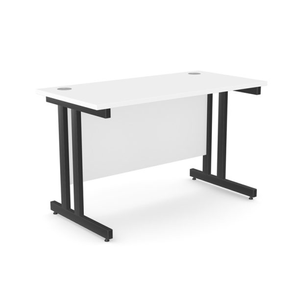 office desk with white desk top and black cantilever leg frame