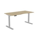 sit stand desk with oak desk top and silver height adjustable leg frame