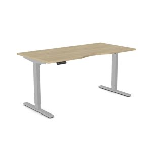 sit stand desk with oak desk top and silver height adjustable leg frame