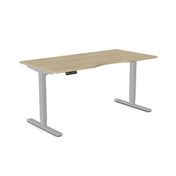sit stand desk with oak desk top and silver height adjustable leg frame