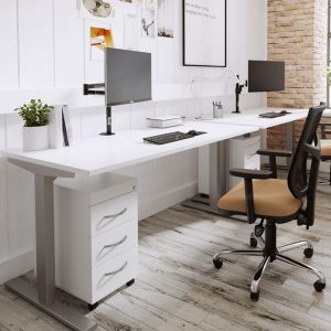 sit stand desk with white desk top and silver frame