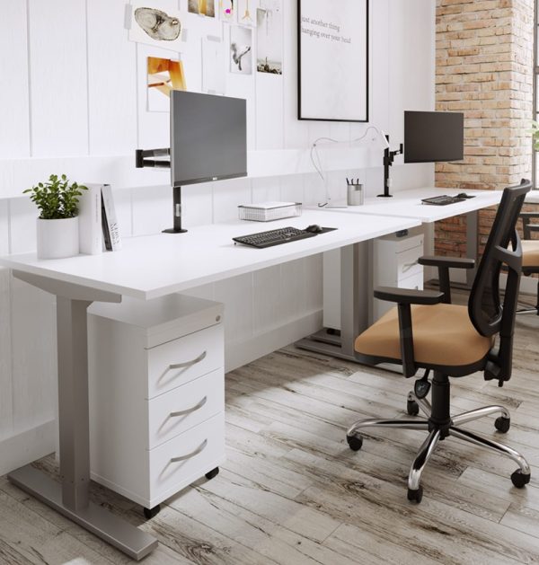 sit stand desk with white desk top and silver frame