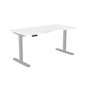 sit stand desk with white desk top and silver frame