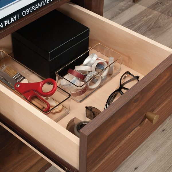 walnut l shaped desk for home office close up of open stationery drawer