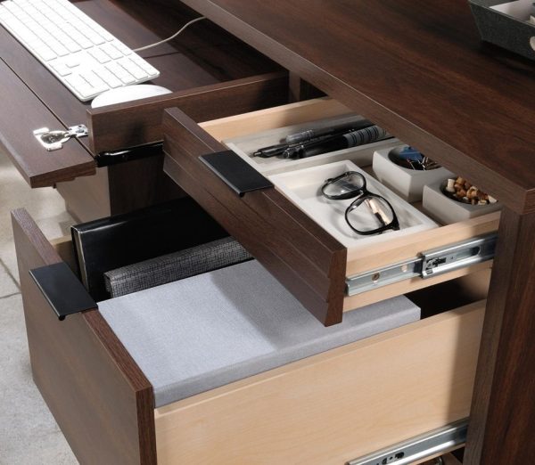 home office desk walnut open drawers