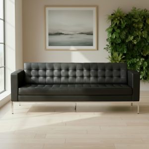 Italian style leather sofa in black faux leather