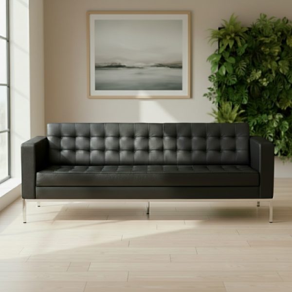 Italian style leather sofa in black faux leather