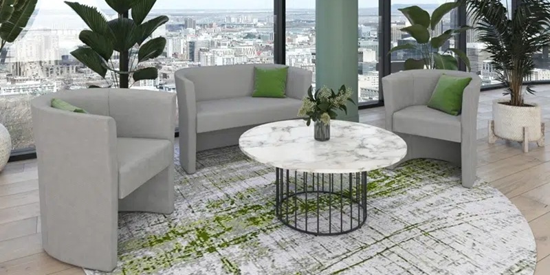 reception sofas grey fabric in reception with view of city