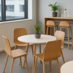 wooden cafe chairs around a round cafe table
