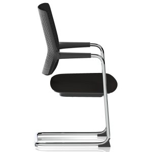cantilever chair with black fabric seat and chrome frame side view