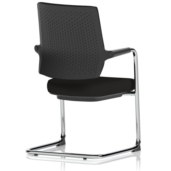 cantilever visitor chair with black fabric seat and chrome frame back view