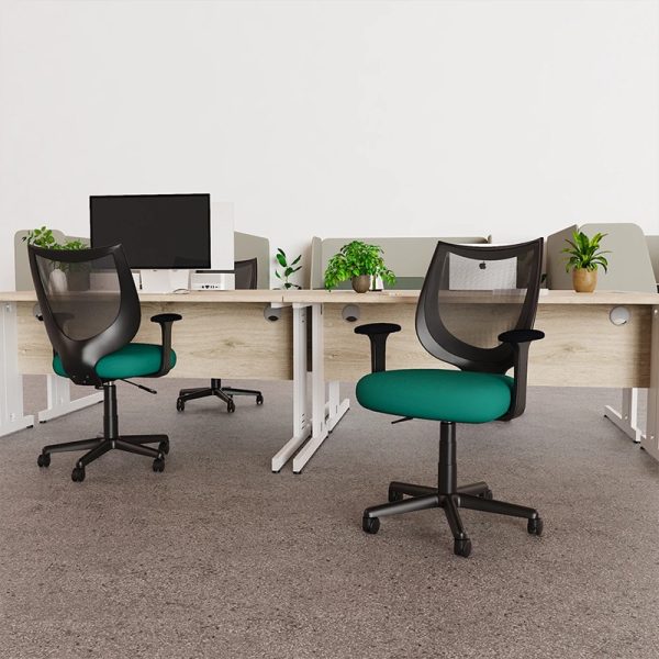 mesh office chair in office in front of office desks